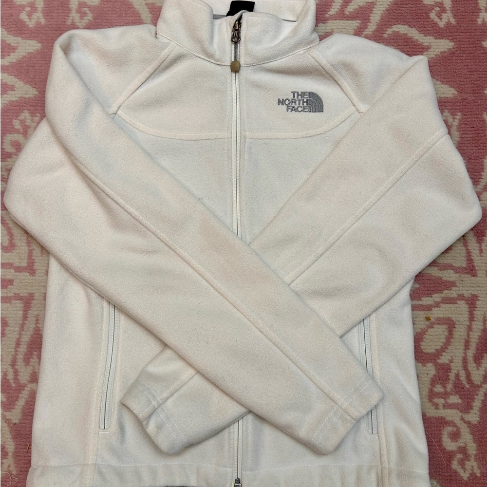 The North Face white Fleece coat with gray accents